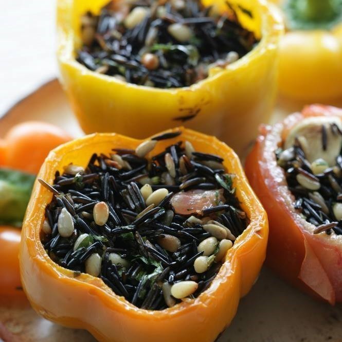 Grilled vegetables stuffed with pine nuts, wild rice and pine nut oil
